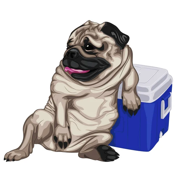 Rahatlatıcı Pug Renginin Çizimi Portatif Buzdolabına Yaslanan Pug Köpeğinin Vektör — Stok Vektör