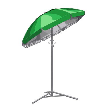 Büyük eğimli güneş şemsiyesinin renkli çizimi. Açık hava, sahil, bahçe yaz şemsiyesi ve üç ayaklı destek üssünün vektör çizimi. Yaz şemsiyesi plaj, bahçe, seyahat, açık hava eğlencesi, kum, veranda vektör olarak.