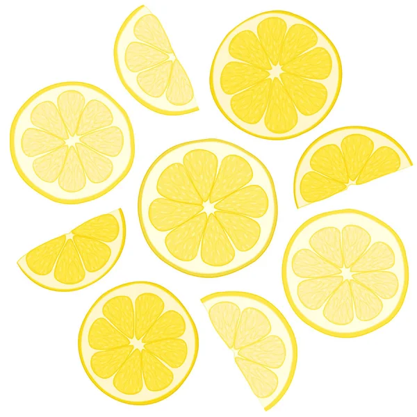 Taze limon dilimlerinin renkli çizimi. Dokuz limon diliminin taze narenciye kesiminin vektör çizimi. Vektör içinde limon dilimlerinin yaz meyve salatası resmi. Turunçgiller tropikal meyveler. 