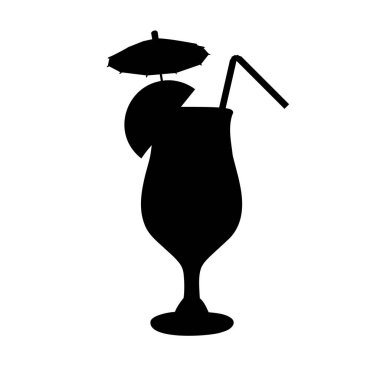 Limonlu kokteyl bardağının vektör şekli. Kokteyl şemsiyeli, limon dilimli ve samanlı limonatanın temsili. Vektör olarak limonlu kokteyl bardağı resmi. İçki, meyve suyu ve kokteyl resimleri..