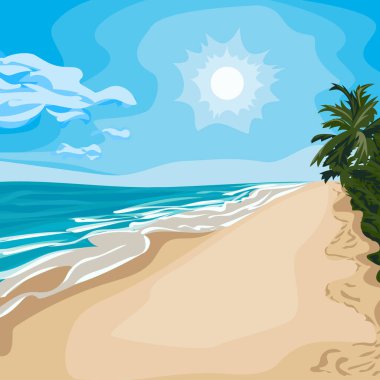 Deniz kumlu plajın renkli çizimi. Parlak güneşin altında, bulutlu ve palmiyeli bir deniz sahilinin temsili. Yaz tropik plajı ve deniz vektörleri. Yaz tatili için mekan çizimi.