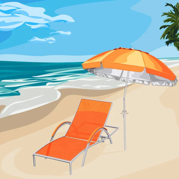日傘の近くのデッキチェア付きの海の砂浜のカラーイラスト 夏のパラソルとヤシの木の下でリラックスするための椅子の長さを持つ海のビーチのベクトルイラスト 夏の熱帯ビーチと海 ベクターのサンラウンジと傘 — ストックベクタ