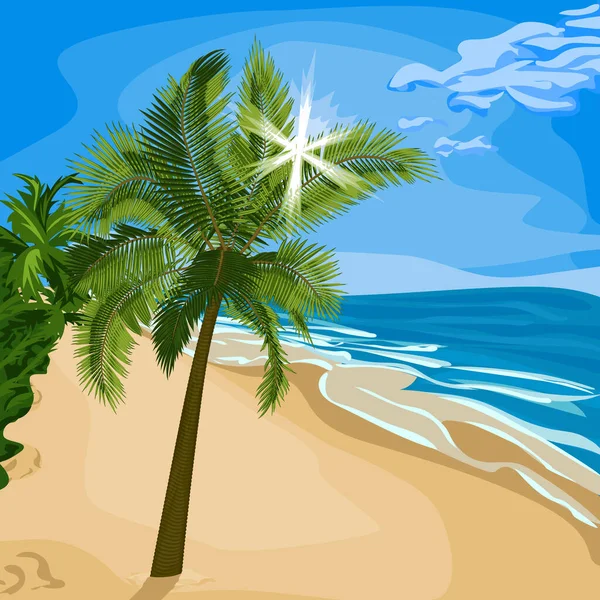 阳光穿过海滩上的树叶 在海滩上的棕榈树的矢量图解 明亮的阳光穿过树叶 热带棕榈树 海滩和大海在病媒中的图像 树木及暑假地点的图解 — 图库矢量图片