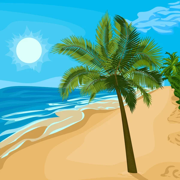 沙滩上的棕榈树 海滩上棕榈树的矢量图解 热带棕榈树 海滩和大海在病媒中的图像 树木及暑假地点的图解 — 图库矢量图片