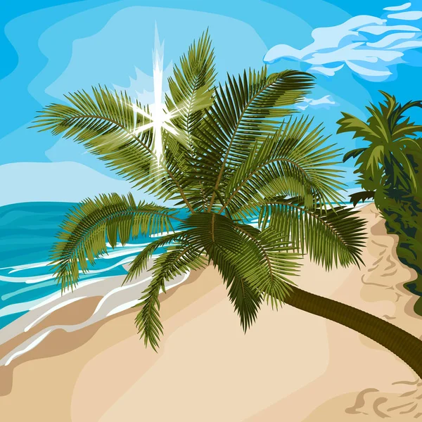 用阳光射穿海滩上的树叶的弯曲的棕榈树 在海滩上倾斜的棕榈树的矢量图解 热带棕榈树 海滩和大海在病媒中的图像 树木及暑假地点的图解 — 图库矢量图片