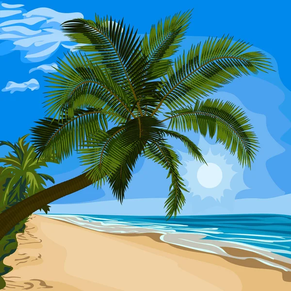 在沙滩上弯曲的棕榈树 在沙滩上倾斜的棕榈树的矢量图解 明亮的阳光透过树叶闪耀 热带棕榈树 海滩和大海在病媒中的图像 树木及暑假地点的图解 — 图库矢量图片