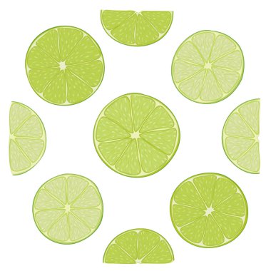 Taze limon dilimlerinin renkli çizimi. Dokuz kireç parçasından taze narenciye kesiklerinin vektör çizimi. Vektör içinde limon dilimlerinin yaz meyve salatası resmi. Turunçgiller tropikal meyveler. 