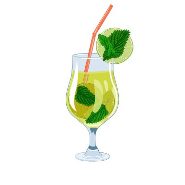 Mojito içilen kokteyl bardağının renkli çizimi. Limonlu, naneli ve samanlı mojito çizimi. Vektör olarak mojito ile kokteyl bardağı görüntüsü. İçki, meyve suyu ve kokteyl resimleri..