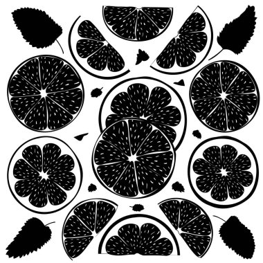 Nane yapraklı limon ve kireç dilimleri. Limon dilimleri ve nane yapraklarıyla tatlandırılmış limon parçalarının vektör çizimi. Limon ve limon dilimleri ve vektör olarak nane. Turunçgil, tropikal meyve ve nane. 