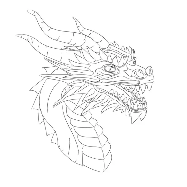 Ahşap ejderha çizgisi - 2024 Vektör sembolü boynu olan yeşil bir ejderha kafası. Boynuzlu, dişli, bıyıklı ve azgın. Fantastik yaratıkların vektör çizimi.