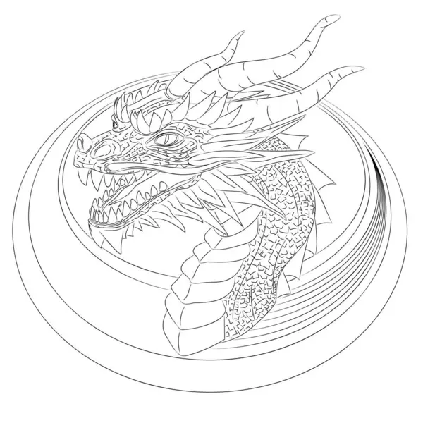 Ringde ahşap ejderha çizgisi - 2024 'ün sembolü. Oval Ofis 'te boynu olan bir ejderha kafasının vektör çizimi. Boynuzlu, dişli, bıyıklı ve azgın. Fantastik yaratıkların vektör çizimi.