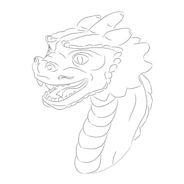 Yeni doğan yeşil ahşap ejderha kafası çizgisi boynu vektör çizimi yeşil tahta küçük ejderha. Küçük boynuzları, dişleri, bıyıkları, azgın pulları ve boynunda filizlenen dikenleri olan yavru ejderha kafası. Fantastik yaratıkların vektör çizimi.