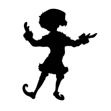 Noel elfi şekli, kürk mantolu Noel Baba asistanı, mücevherli kürk şapkası. Küçük sakallı genç Noel elfi, Noel Baba 'nın asistanı. Kollarını kaldırarak poz ver..