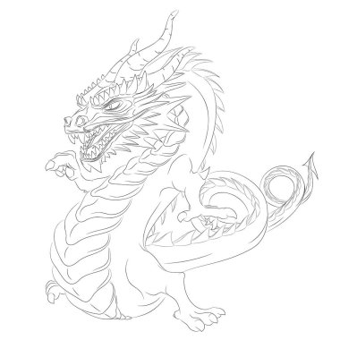 Kanatsız dans eden ejderha çizgisi sağ pençe parmağıyla dans eden Asyalı yeşil ahşap ejderha çizimi. Boynuzları, dişleri, bıyıkları, pençeleri, kuyruğu ve azgın pulları olan Çin ejderhası. Fantastik yaratıkların vektör çizimi.