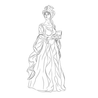 Bakır Dağının Metresi 'nin Malachite kutusuyla çizdiği çizgi. Kafasında taç olan, uzun kollu, bakır bir goril, korse ve bilezik takan, elinde mücevher kutusu olan yeşil elbiseli bir kadının vektör çizimi..