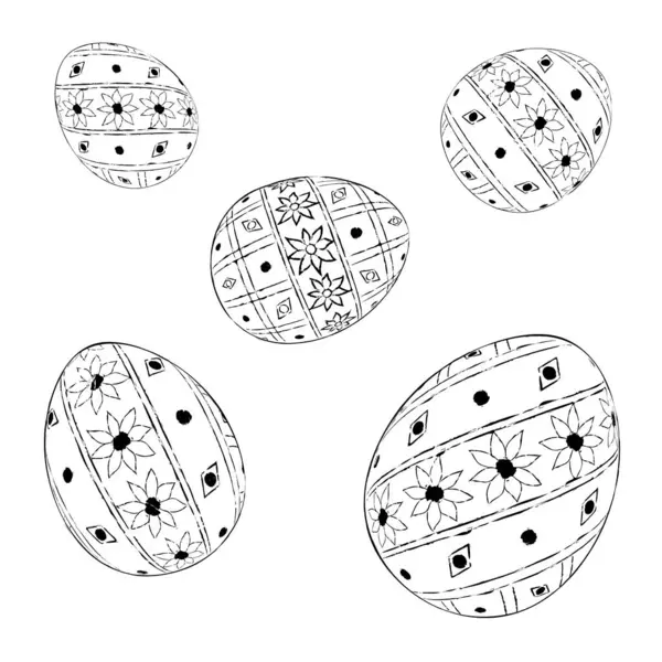 Süslerle süslenmiş 5 Paskalya yumurtası koleksiyonu. Paskalya yumurtalarının desenlerle süslenmiş vektör çizimi. Resim stili. Bayram ve Paskalya bayramı kutlaması.