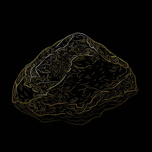 Siyah arka planda doğal altın külçesinin ayrıntılı renk çizgisi sanatı. Düz olmayan ve parlak yüzeyi olan altın külçesinin vektör çizimi. Madencilik, değerli metallere yatırım, mücevher, jeolojik araştırma. 