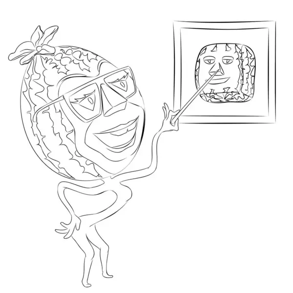 Çizgi resim çizimi, elinde kalem tutan karpuz çizgisi. Karpuz karakterinin vektör çizimi elinde kalemle resme bakıyor.. 