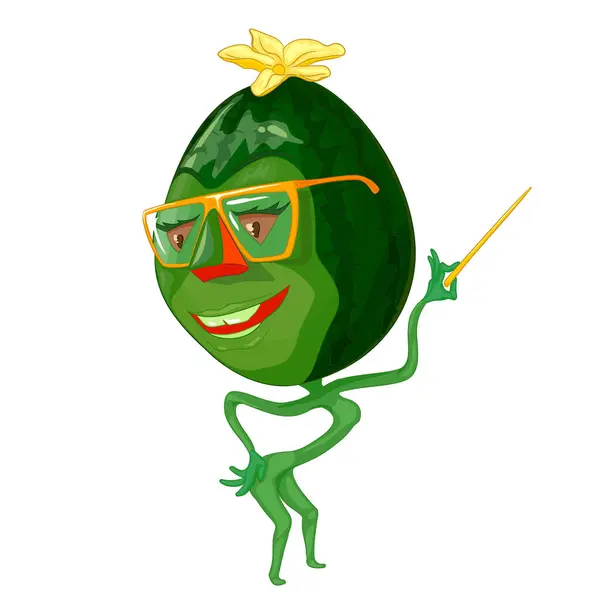 Elinde kalem tutan gözlüklü karpuz. Elinde kalem tutan karpuz karakterinin vektör çizimi. Dost canlısı yüz, parlak yeşil ten, eğitici malzeme.. 