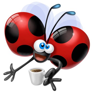 cute ladybug with cup of coffee in hand
