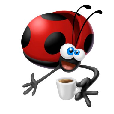 cute ladybug with cup of coffee in hand