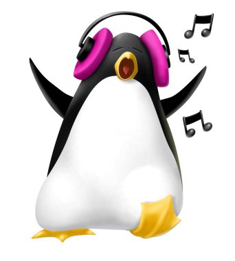 cute penguin with headphones on his head listening to music