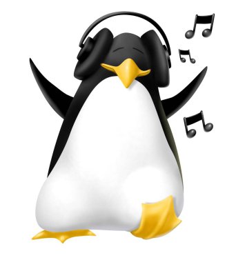 cute penguin with headphones on his head listening to music