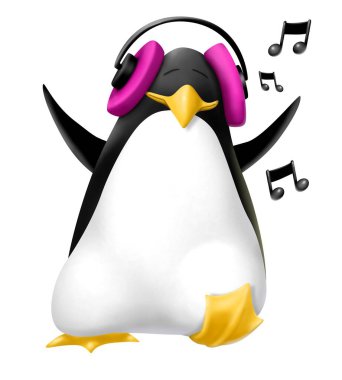 cute penguin with headphones on his head listening to music