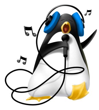 cute penguin singing with microphone in hand and headphones on head