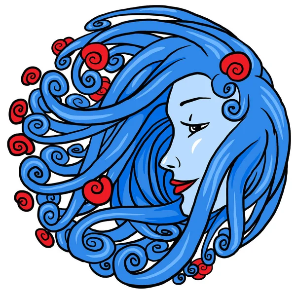 Twarz Kobiety Niebieskimi Włosami Wietrze Różami Czerwonymi Kwiatami — Zdjęcie stockowe
