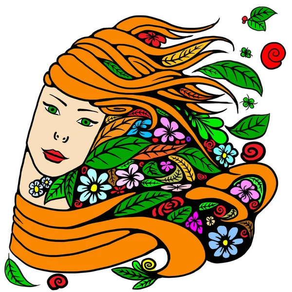 woman's face with hair in the wind with flowers and leaves of the forest