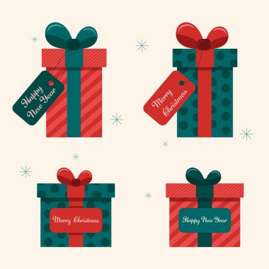 Kutularda Noel hediyeleri. Bir dilekle yılbaşı tasarımı. Vektör tatil illüstrasyonu.