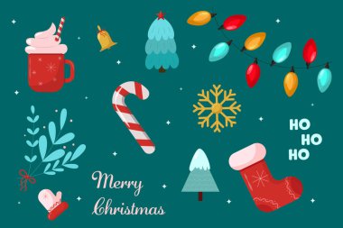 Noel öğeleri. Bir dizi vektör çizimleri. Noel kartı tasarımı. Çelenk, şeker, eldiven.