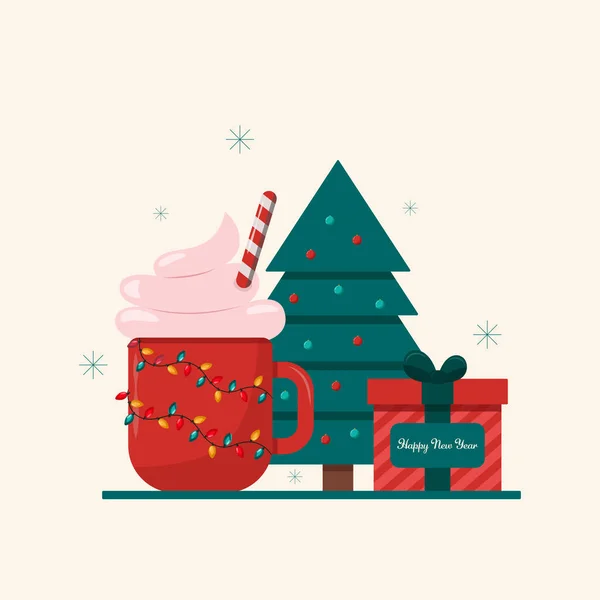 Mutlu noeller. Üzerinde yazı olan şenlikli bir illüstrasyon. Çelenkli kakao, hediye ve Noel ağacı. Geleneksel renkler.