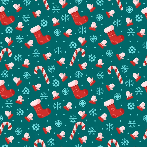 Weihnachten Nahtlos Schneeflocken Und Socken Vektorillustration Traditionelle Farben — Stockvektor