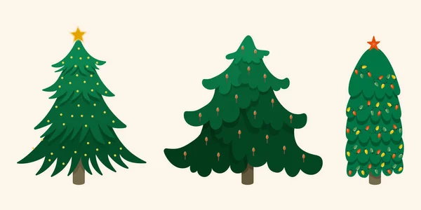 Çiçekli ve fenerli Noel ağaçları. Düz biçimli vektör çizimleri kümesi.
