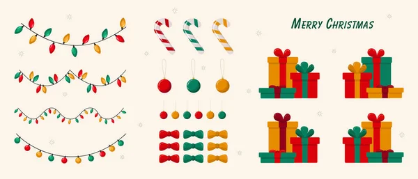 Bir dizi Noel illüstrasyonu. Oyuncaklar, hediyeler, çelenkler, toplar. Düz biçimdeki vektör ögeleri