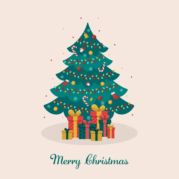 Hediyelerle süslenmiş Noel ağacı, oyuncaklar ve çelenklerle süslenmiş. Bir kartpostal için yılbaşı tasarımı. Festivalsel vektör illüstrasyonu.
