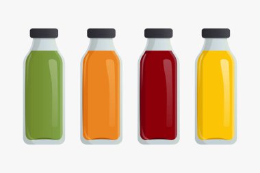 Natural fruit juice in glass bottles. Organic eco product. Vector colorful illustration with gradient.
