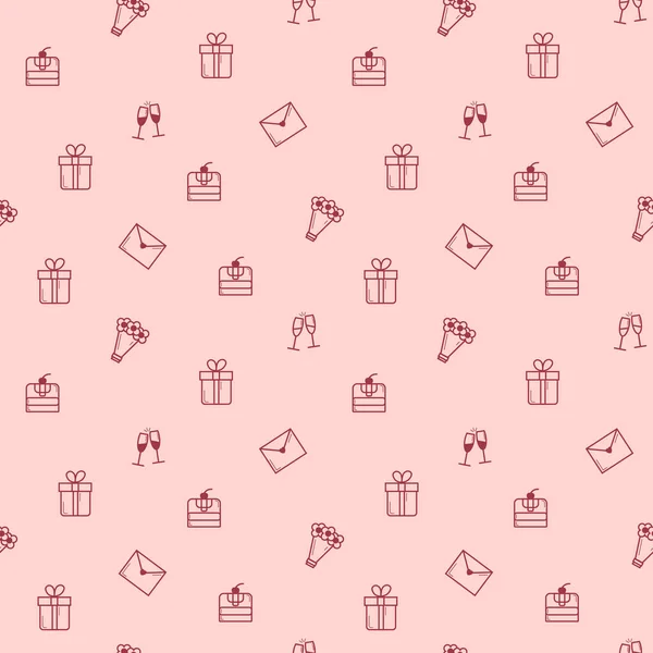 Valentine's day icons patternHappy Valentine's day. Seamless pattern. Festive flat icons on pink background. Cake, gift, glasses, letter, flowers. Vector design