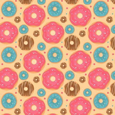 Donutlar pürüzsüz desen. Yemek vektör çizimi. Parlak iştah açıcı tasarım. Paketleme veya pankart için yazdır.