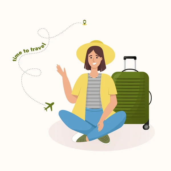Mädchen Mit Einem Koffer Reisende Mit Gepäck Flughafen Wartet Man — Stockvektor