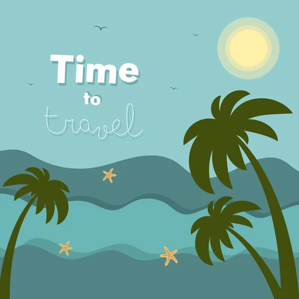Time Travel Summer Nautical Postcard Inscription Sea Wave Palm Tree — Stock Vector