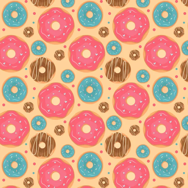 Donutlar pürüzsüz desen. Yemek vektör çizimi. Parlak iştah açıcı tasarım. Paketleme veya pankart için yazdır.