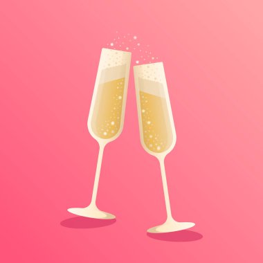 Pembe arka planda şampanya kadehleri. Köpüklü şarap, köpükler. Tatil tasarımı, vektör çizimi. Simge, tek nesne.