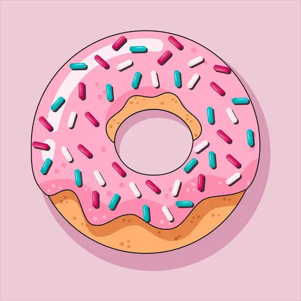 y2k elements, pink donut with icing and sprinkles. Vector illustration in trendy retro cartoon style. Black stroke, outline. Food illustration.