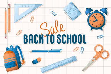 Okuldaki indirimli afişe dönelim. Vektör çizimleriyle arka plan. Eğilim düz biçimi.