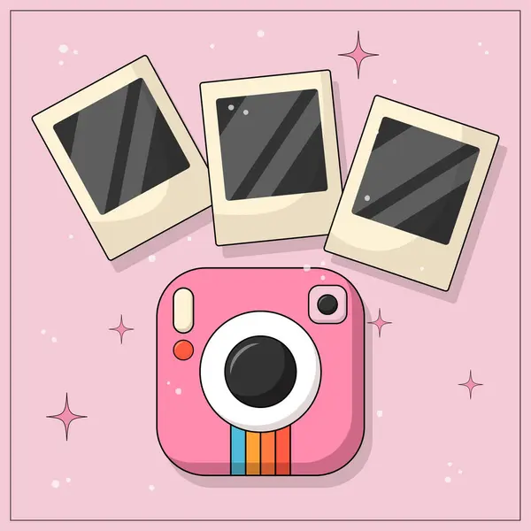 2k elementler, pembe kamera. 90 'ların popüler fotoğrafçılığı. Moda çizgi film tarzında vektör illüstrasyonu. Parlak renkler, siyah çizgiler