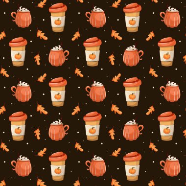 Kahve pürüzsüz. Sonbahar sezonu. Koyu arkaplan, kahve fincanı, yapraklar. Vektör illüstrasyonu.