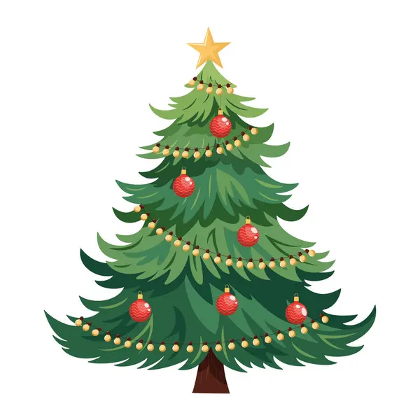 Oyuncak ve çelenkli Noel ağacı. Kırmızı Noel topları ve sarı ışıklar. Beyaz arkaplanda vektör illüstrasyonu.